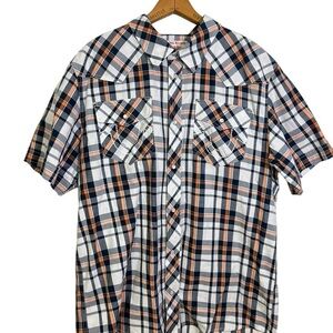 True Religion Shirt Mens 2XL Brown White Plaid Button Western Pearl Snap Casual